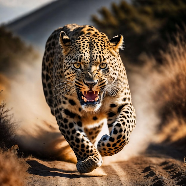 photo of big leopard running in the forest generative AI