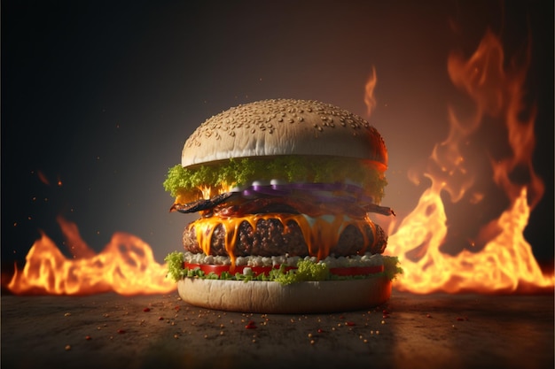 Photo big sandwich - hamburger burger with fire image 02