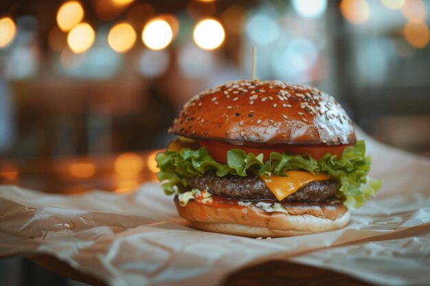 Photo of a big and simple barbecue cheeseburger with lettuce and tomato on top On paper with a wood