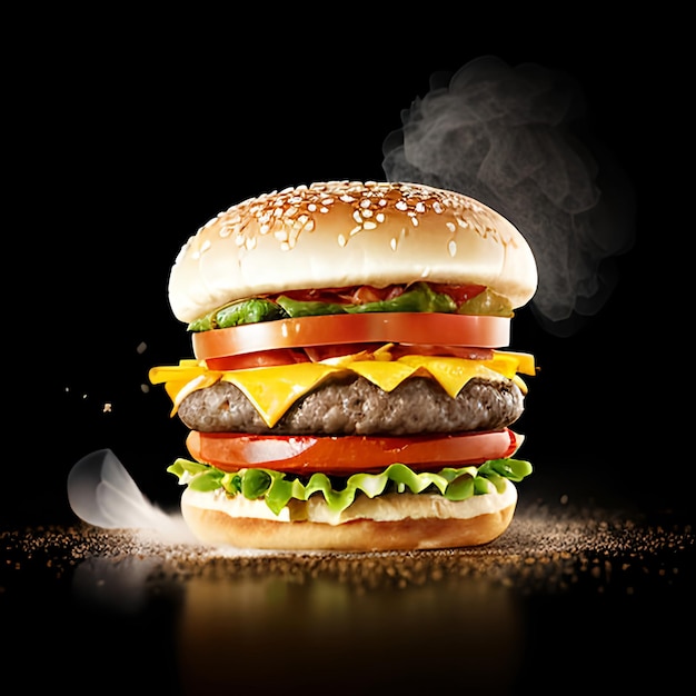 Photo big tasty cheeseburger with meat and vegetables on a black background