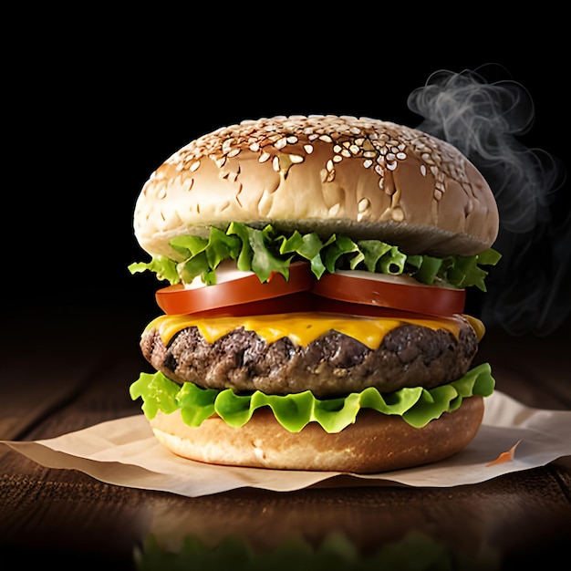 Photo big tasty cheeseburger with meat and vegetables on a black background