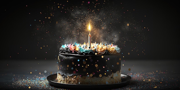 Photo birthday cake with confetti candles and lights on black table blurred background