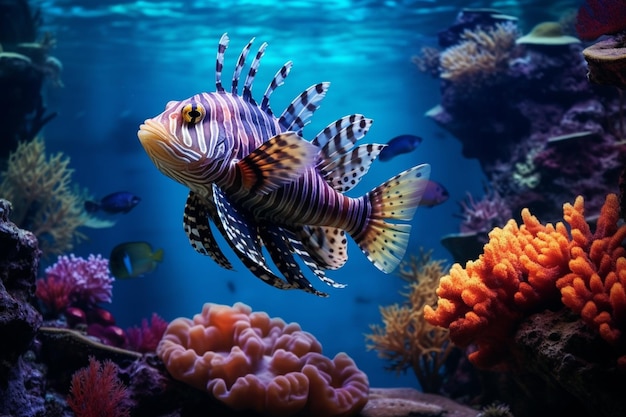 Photo bizarre fish and corals on sand under water in seascape