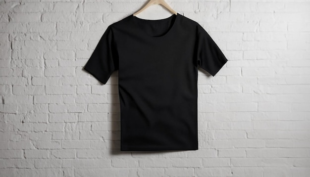 Photo black tshirt hanging on a hanger against brick wall front view