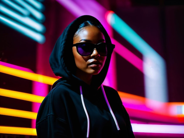 photo of black woman in black hoodie in server data center room with neon light generative AI