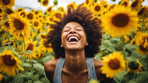 Photo of black woman in sunflower field