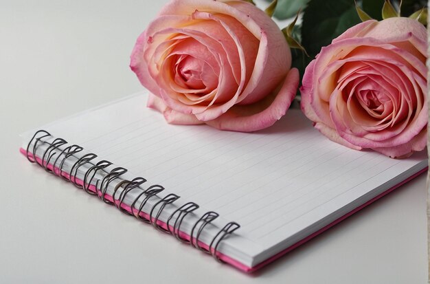 photo blank notepad decorated with pink roses on a white surface