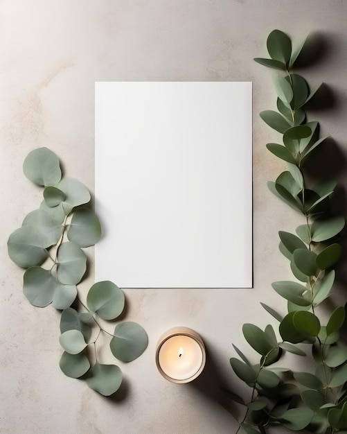 Photo of a blank paper surrounded by candles and lush greenery with copy space mockup minimal