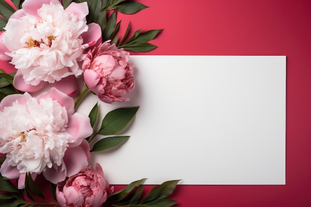 Photo of blank white paper with red peony on pink background copy space high quality high resolution