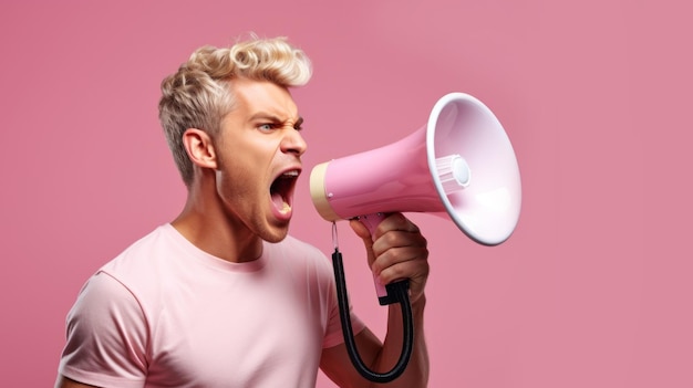 Photo photo of a blonde man roaring on a megaphone on a soft pink background advertisement concept with wide copy space for text ar 169 v 52 job id 01fdee314ef044e6bcb3b2af8b822d01