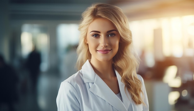 photo blonde pretty doctor sitting at her place in the office