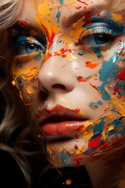 Photo of a blonde woman with her body transformed into a living canvas covered in vibrant splashes