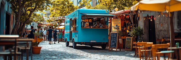 Photo photo blue food truck on cobblestone street with people and trees