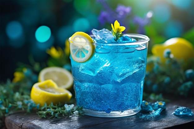 Photo blue mojito with mint and lemon ice cube