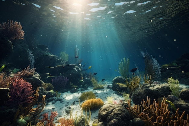 A photo of a blue ocean with a fish swimming under water.