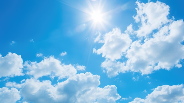 A photo of a blue sky with white clouds and a shining sun