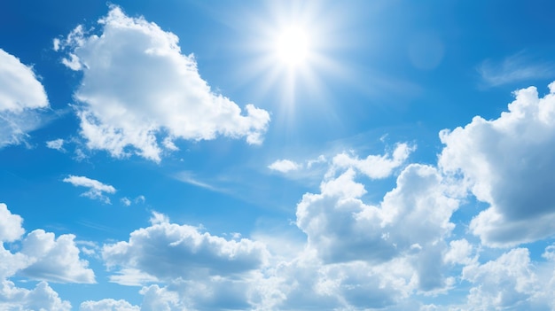 A photo of a blue sky with white clouds and a shining sun