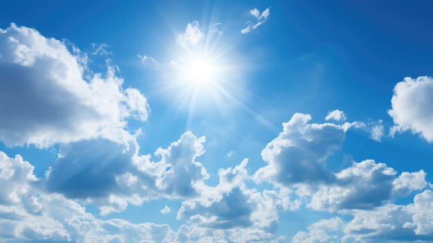 A photo of a blue sky with white clouds and a shining sun