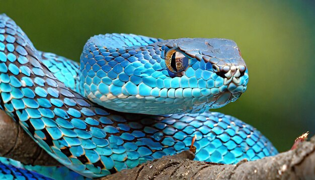 photo Blue viper snake on branch viper snake blue insularis