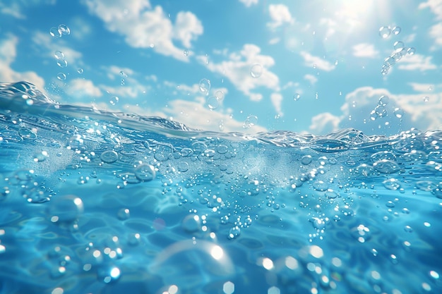 a photo of a blue water with bubbles and the sun shining behind it