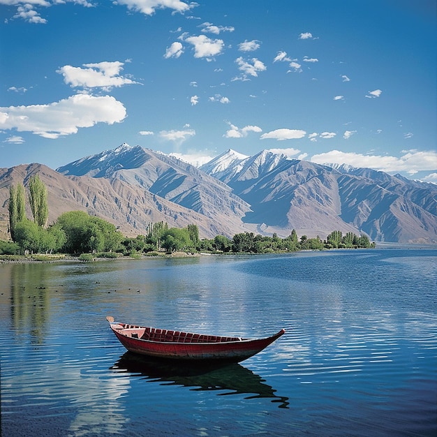 Photo photo of a boat is floating on a lake with mountains in the background