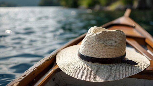 Photo a photo of a boater hat on a rowboat seat