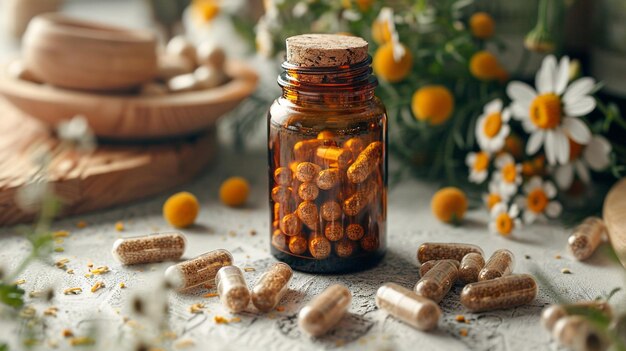 Photo photo of a bottle of medical herbal capsules chamomile pills for pharmaceutical