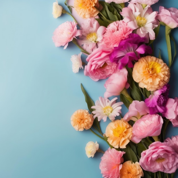 PHOTO A bouquet of flowers on a blue background with a green leaf