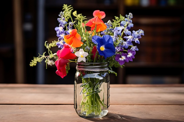 Photo of Bouquet of mixed flowers in a mason jar