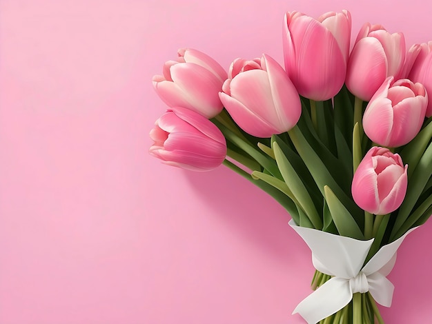 Photo a bouquet of pink tulips on a pink background for Mother's day Ai generator