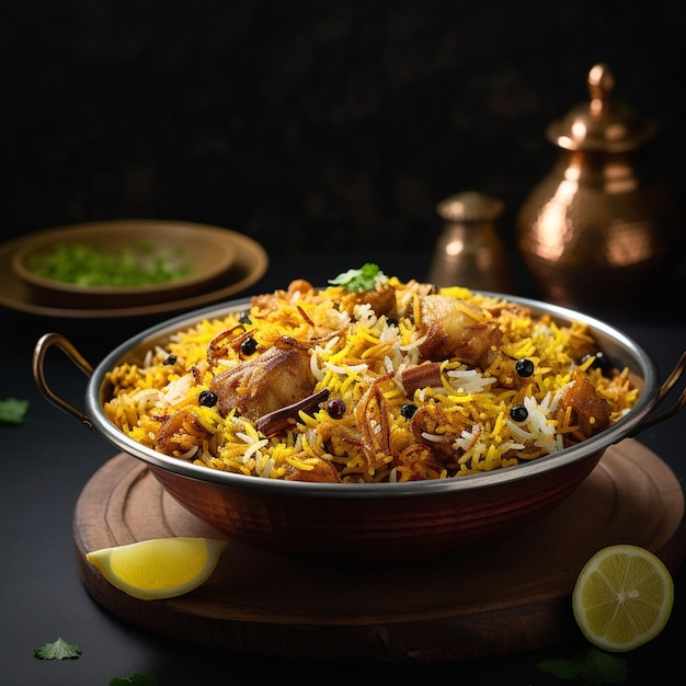 Photo photo of a bowl of delicious chicken biriyani pot