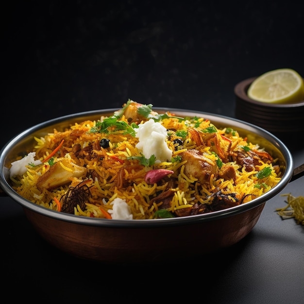 Photo photo of a bowl of delicious chicken biriyani pot