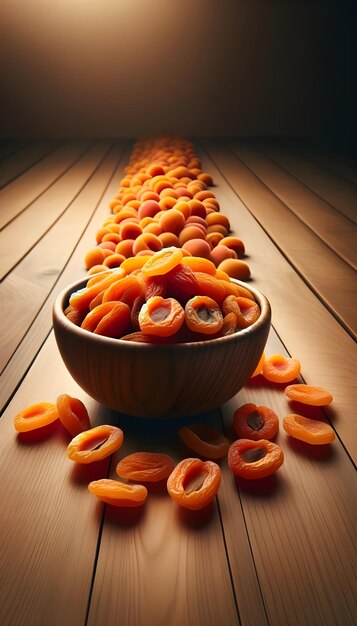 Photo a bowl filled with bright orange dried apricots on a light wooden table