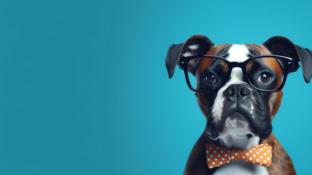 Photo of Boxer dog wearing glasses and office suit on blue background