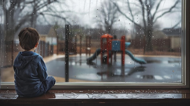 Photo of a Boy Longing for Play on a Rainy Day