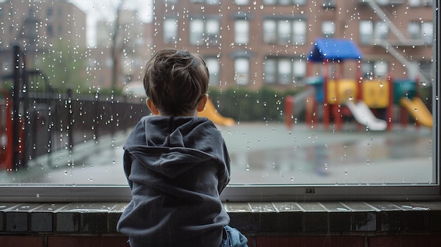 Photo of a Boy Longing for Play on a Rainy Day