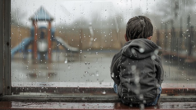 Photo of a Boy Longing for Play on a Rainy Day