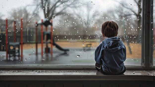 Photo of a Boy Longing for Play on a Rainy Day