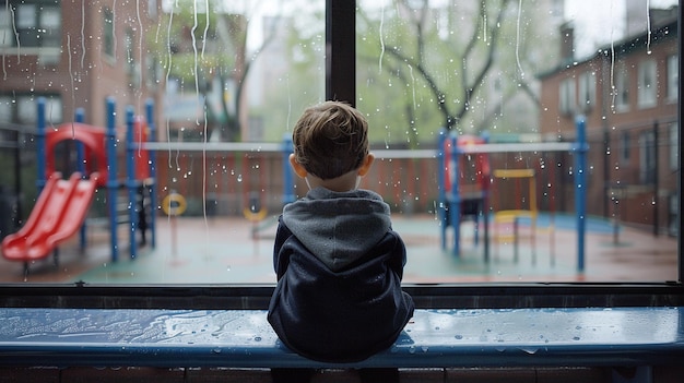 Photo of a Boy Longing for Play on a Rainy Day