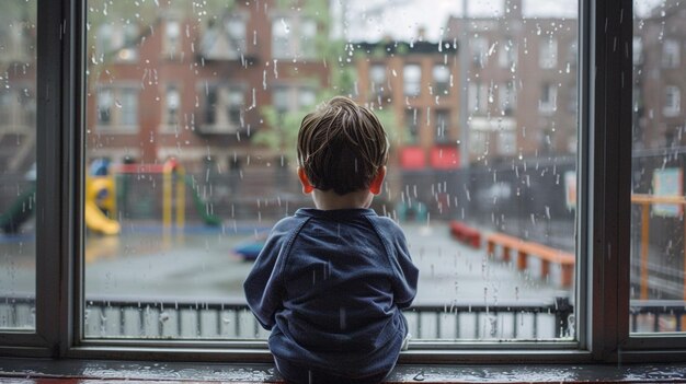 Photo of a Boy Longing for Play on a Rainy Day