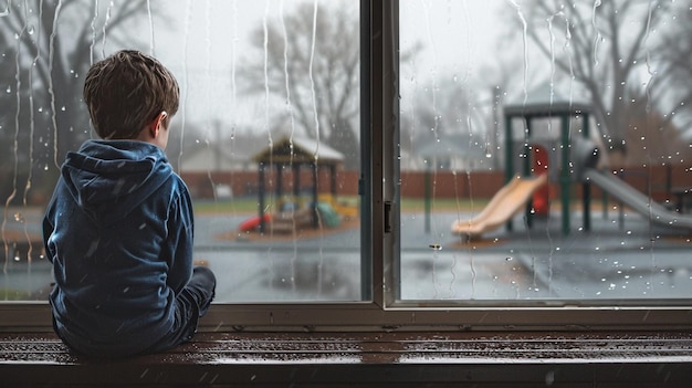 Photo of a Boy Longing for Play on a Rainy Day