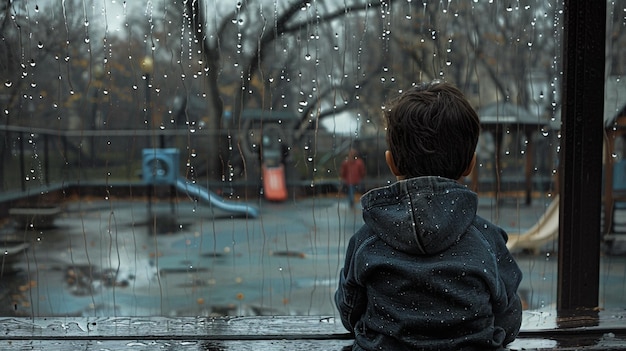 Photo of a Boy Longing for Play on a Rainy Day