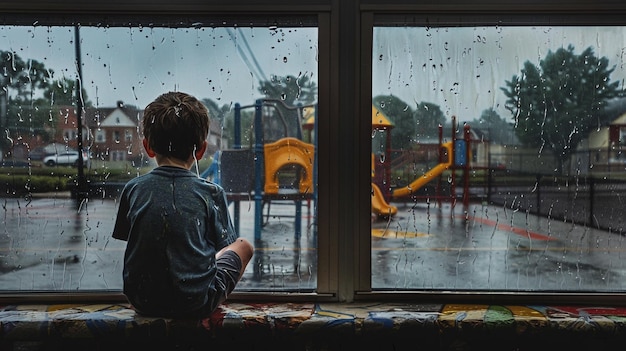 Photo of a Boy Longing for Play on a Rainy Day