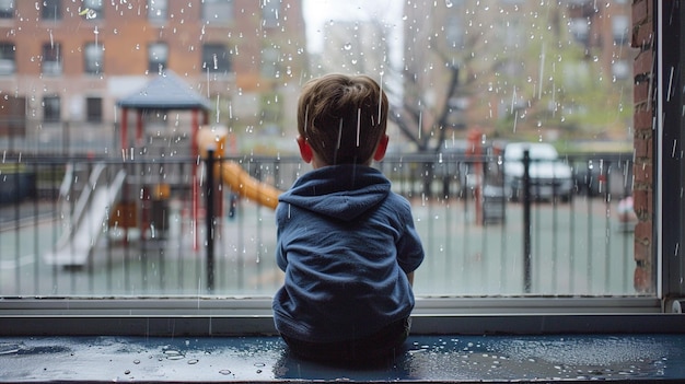 Photo of a Boy Longing for Play on a Rainy Day