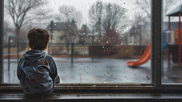 Photo of a Boy Longing for Play on a Rainy Day