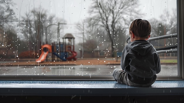 Photo of a Boy Longing for Play on a Rainy Day