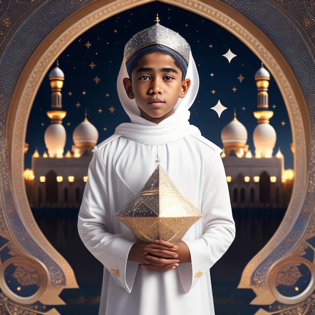 Photo A boy in a white robe stands in front of a painting of a mosque on Eid ul Fitr