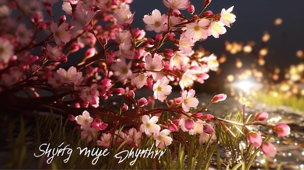 A photo of a branch of cherry blossoms with the words spring mye symbiosis