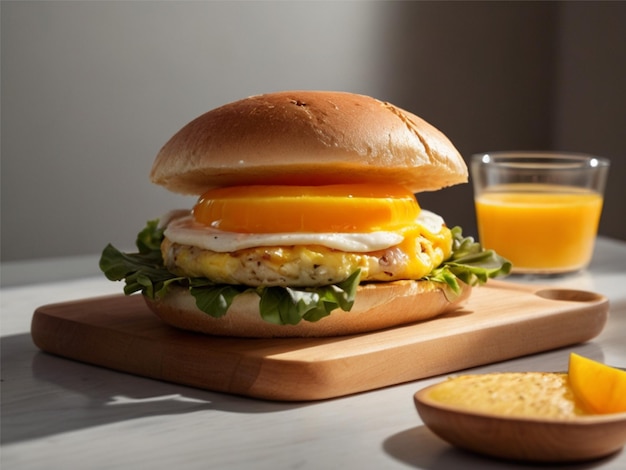 Photo a breakfast sandwich with orange juice on a cutting board