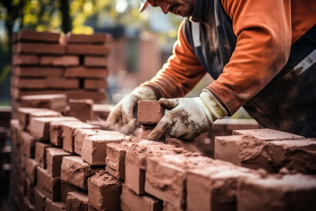 photo bricklaying construction worker building a brick wall